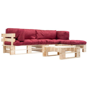 Muebles de palets de jardín con cojines rojos 4 piezas madera D