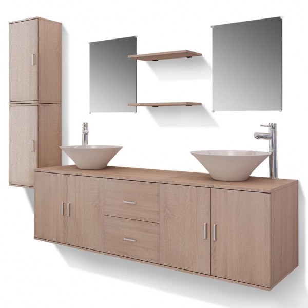 Conjunto de muebles de baño con lavabo y grifo 11 piezas beige D