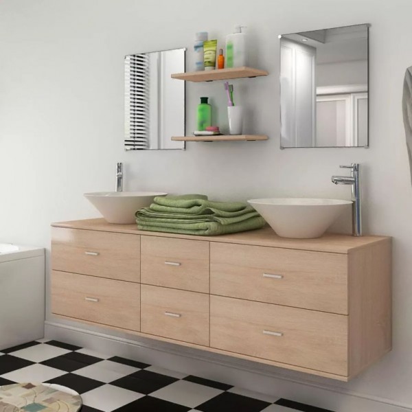 Conjunto de muebles de baño con lavabo y grifo 9 piezas beige D