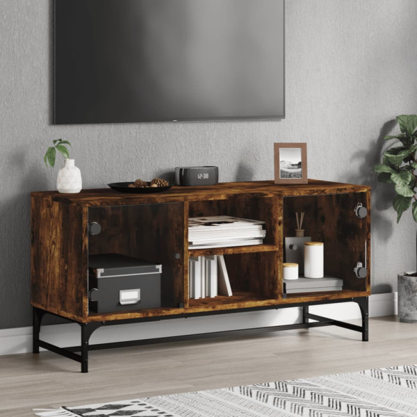 Mueble de TV con puertas de vidrio roble ahumado 102x37x50 cm D