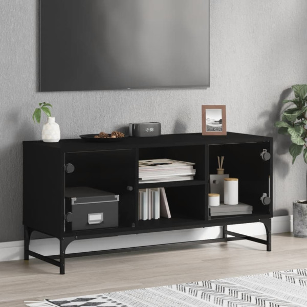 Mueble de TV con puertas de vidrio negro 102x37x50 cm D