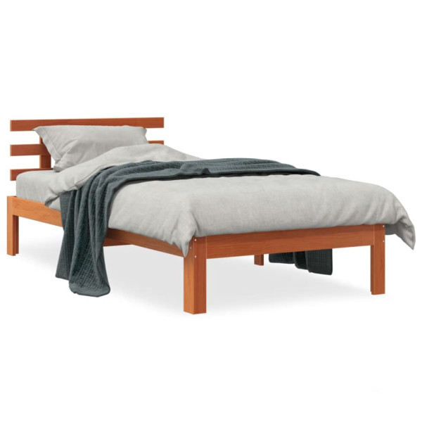 Estrutura de cama com cabeçalho madeira pinho marrom cera 100x200 cm D