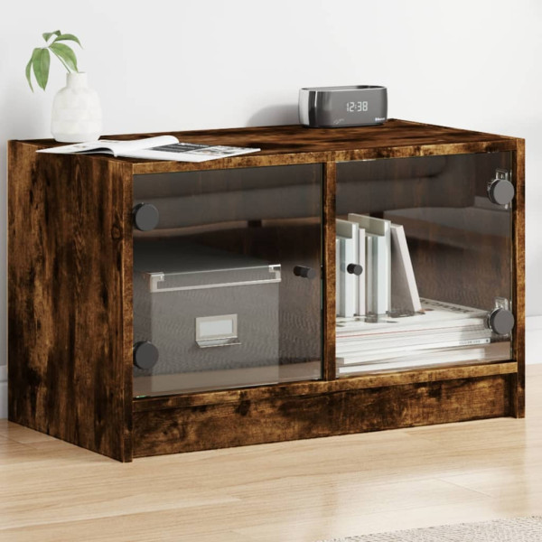 Mueble de TV con puertas de vidrio roble ahumado 68x37x42 cm D