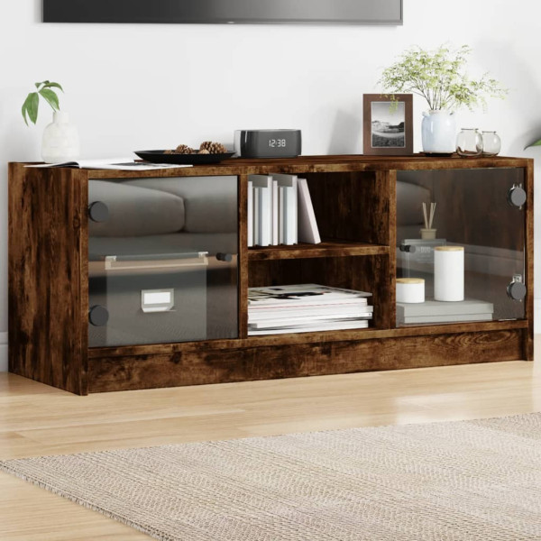 Mueble de TV con puertas de vidrio roble ahumado 102x37x42 cm D