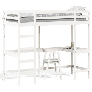 Cama alta com secretária madeira maciça pinho branco 75x190 cm D