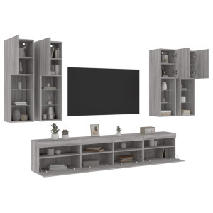 Muebles de TV de pared con luces LED 7 piezas gris sonoma D