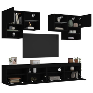 Mueble de pared de TV con luces LED 6 piezas negro D