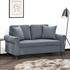 Sofá de 2 lugares com almofadas de veludo cinza escuro 120 cm D