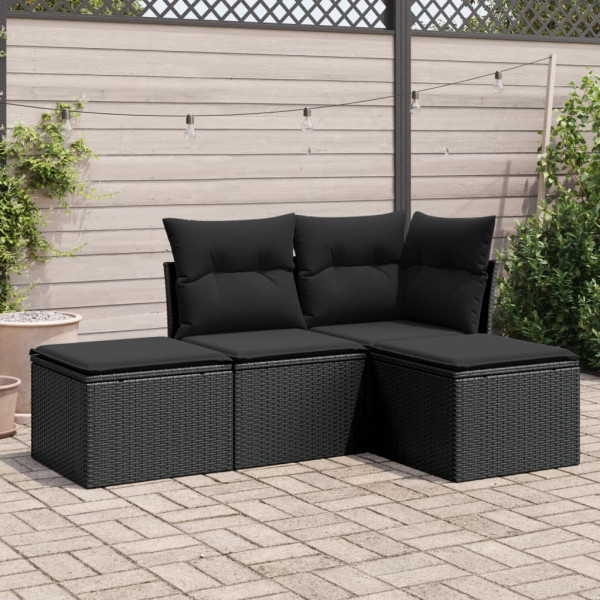 Conjunto de sofá de jardim de 4 peças com almofadas de vime sintético preto D
