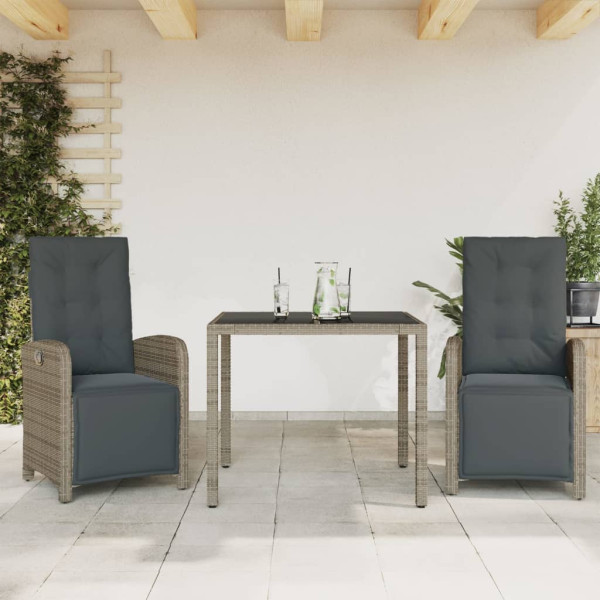 Cadeiras e mesa de jardim com almofadas 3 peças ratão PE cinza D