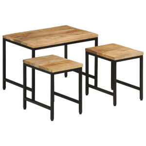 Mesas empilháveis 3 peças madeira de mangue rígido maciço e ferro D