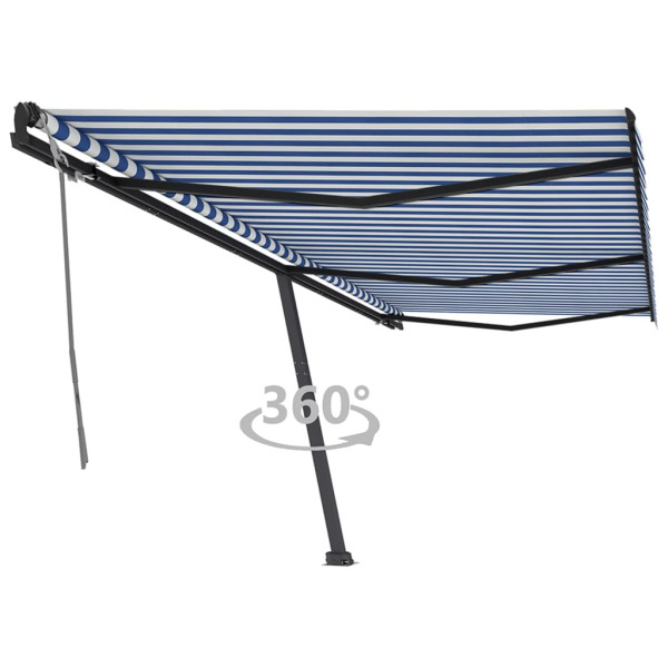 Toldo de pie retráctil manual azul y blanco 600x350 cm D