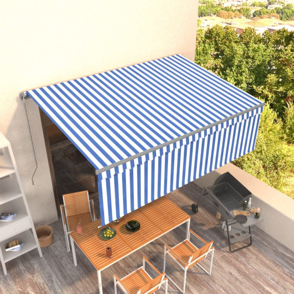 Toldo retrátil manual com persiana azul e branco de 4,5 x 3 m D