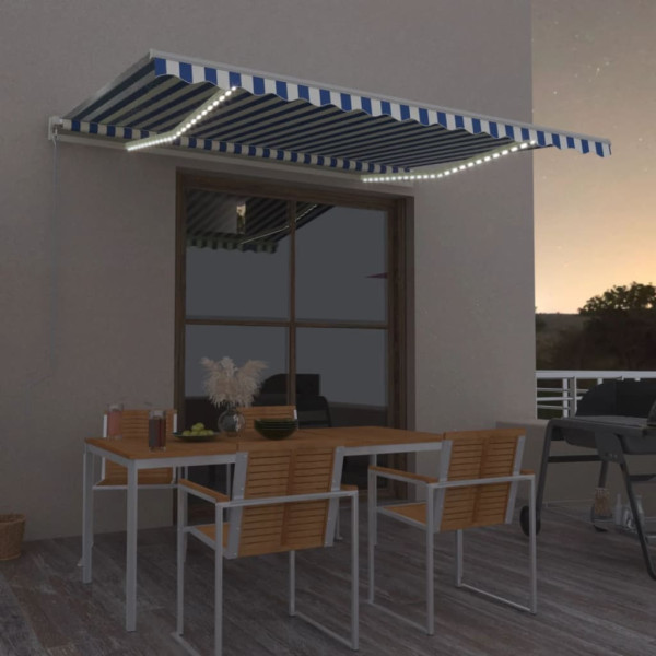 Toldo automático LED sensor de vento azul e branco 400x350 cm D