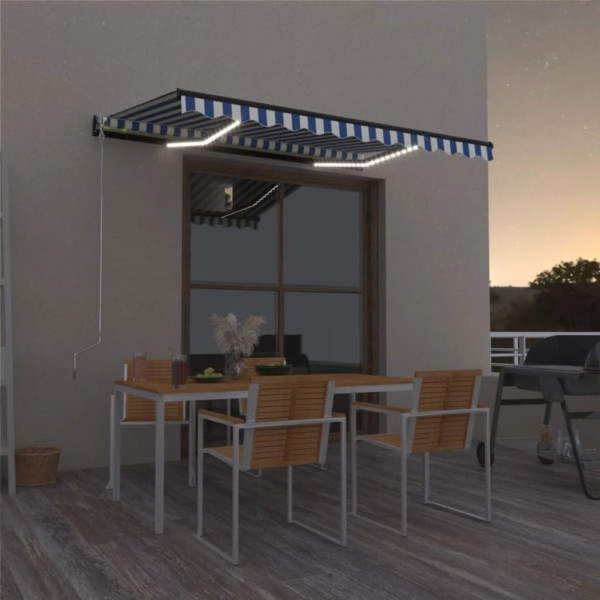 Toldo retráctil manual con LED azul y blanco 400x300 cm D