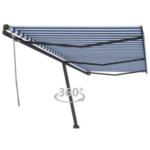 Toldo de pie retráctil manual azul y blanco 600x300 cm D