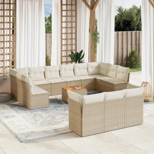 Set sofás de jardín 14 pzas con cojines ratán sintético beige D