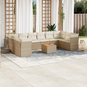 Set de sofás de jardín 11pzas con cojines ratán sintético beige D