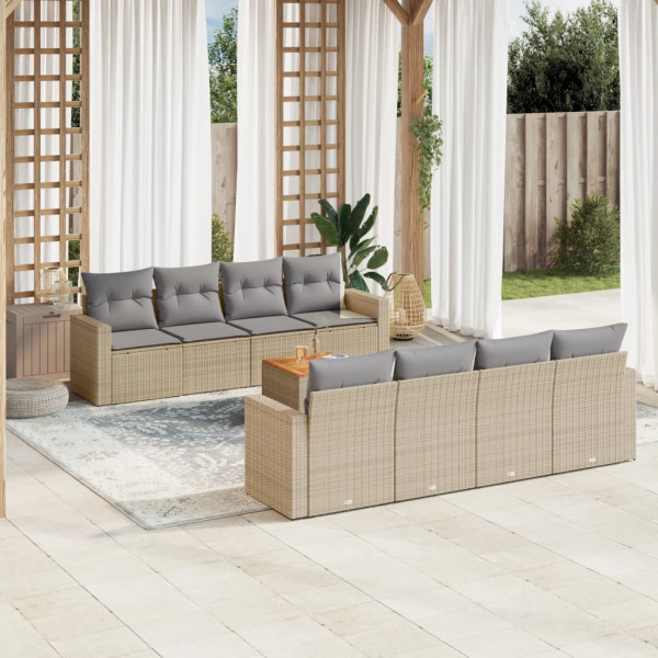 Set de sofás de jardín 9 pzas con cojines ratán sintético beige D