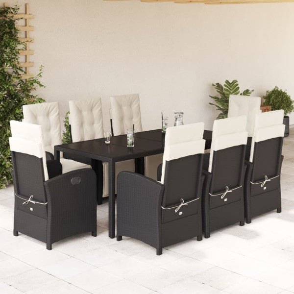 Set de comedor de jardín 9 pzas y cojines ratán sintético negro D