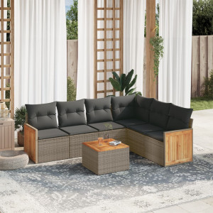Set de sofás de jardín 7 piezas con cojines ratán PE gris D