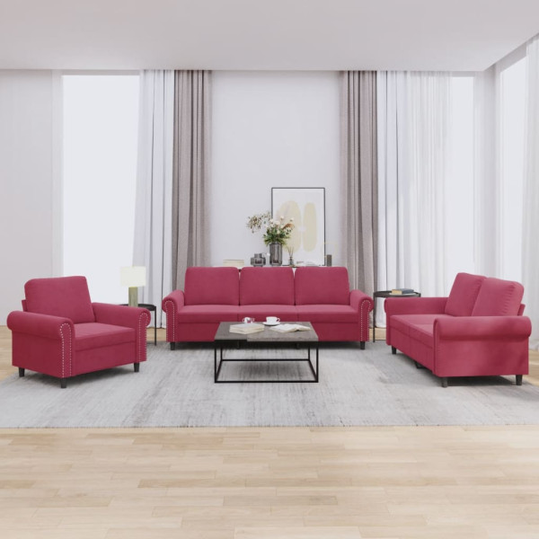 Conjunto de sofá de 3 peças em veludo vermelho com almofadas D