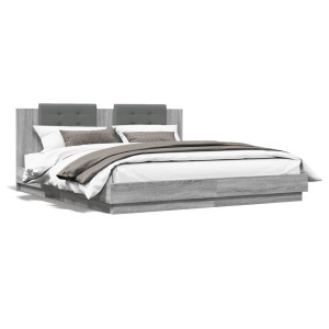 Estructura de cama cabecero luces LED gris Sonoma 160x200 cm D