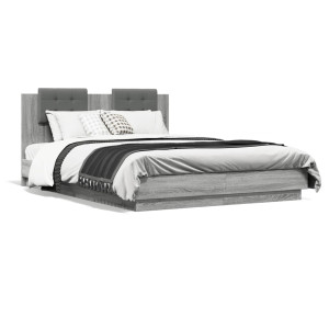 Estructura de cama cabecero luces LED gris Sonoma 140x200 cm D