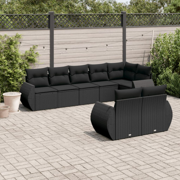 Conjunto de sofás de jardim 8 peças e almofadas ratão sintético preto D