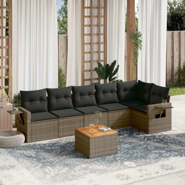 Set de sofás de jardim 7 peças com almofadas ratão PE cinza D