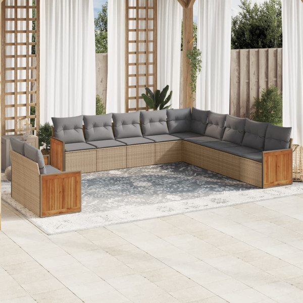 Set de sofás de jardín 11pzas con cojines ratán sintético beige D