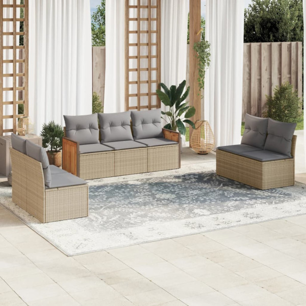 Set de sofás de jardim 7 peças e almofadas ratão sintético beige D