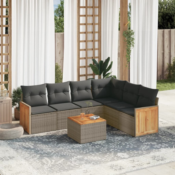 Set de sofás de jardim 7 peças com almofadas ratão PE cinza D