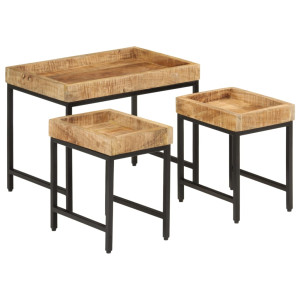 Mesas empilháveis 3 peças madeira de mangue rígido maciço e ferro D