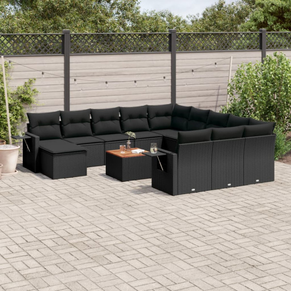 Conjunto de sofá e almofada de jardim com 13 peças de rattan sintético preto D