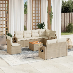 Set de sofás de jardín 9 pzas con cojines ratán sintético beige D