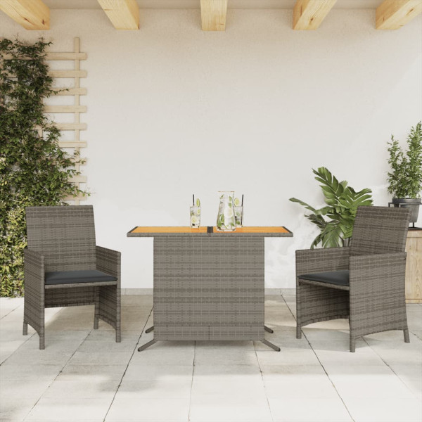 Cadeiras e mesa de jardim com almofadas 3 peças ratão PE cinza D