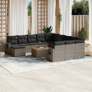 Set sofás de jardín con cojines 13 piezas ratán sintético gris D