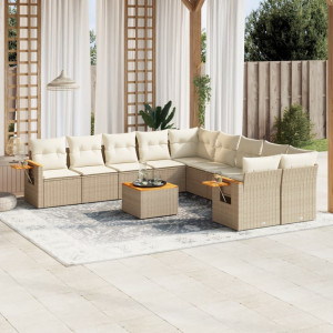 Set de sofás de jardín 11pzas con cojines ratán sintético beige D