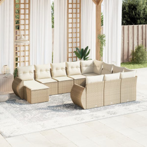 Set de sofás de jardín 11pzas con cojines ratán sintético beige D