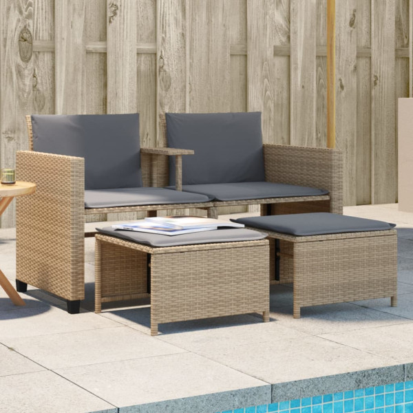 Sofá de jardim 2 lugares com mesa e poltronas ratão PE beige D