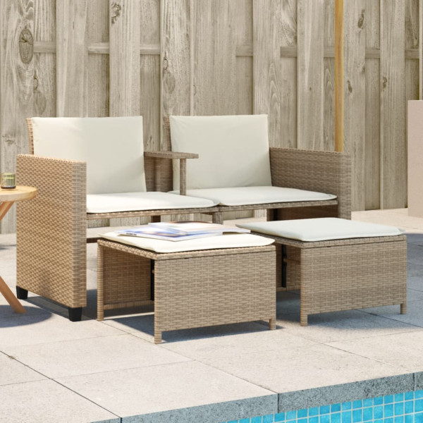 Sofá de jardim 2 lugares com mesa e poltronas ratão PE beige D