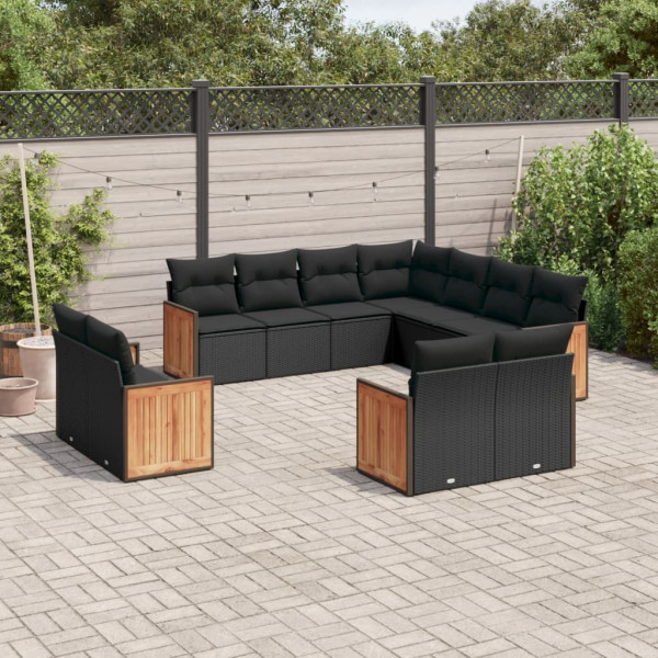 Conjunto de sofá de jardim de 11 peças e almofadas de vime sintético preto D