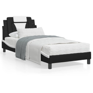 Estructura cama cabecero cuero sintético negro blanco 90x200 cm D