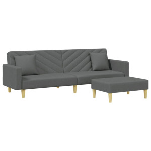 Sofá cama de 2 plazas con almohadas y taburete tela gris oscuro D
