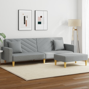 Sofá cama de 2 plazas con almohadas y taburete tela gris claro D