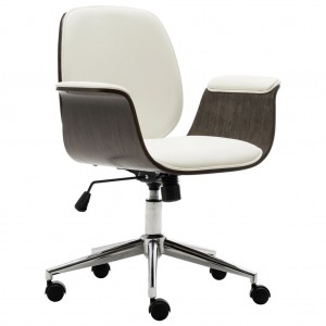 Cadeira de escritório de madeira curva e couro sintético branco D