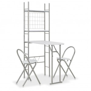 Set de comedor plegable con estante 3 piezas MDF y acero blanco D