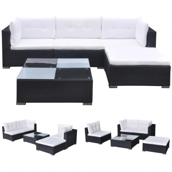 5 pcs conjunto lounge de jardim c/ almofadões vime PE preto M 4