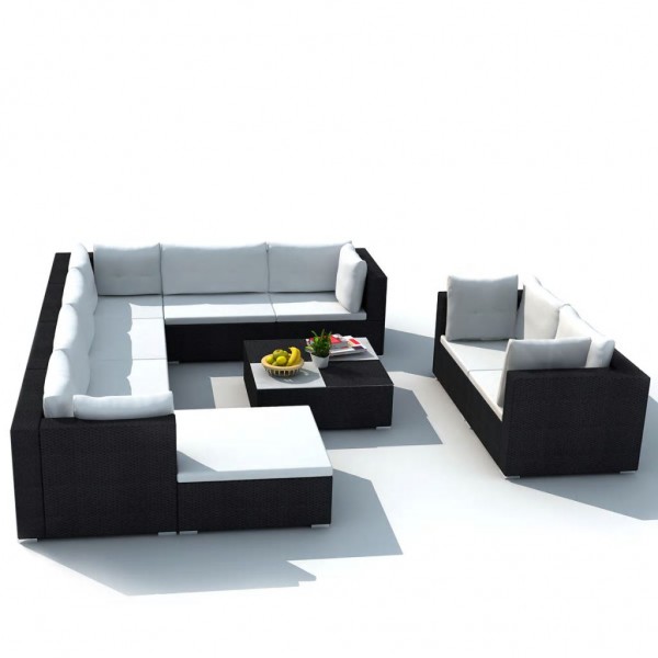 Set muebles de jardín 10 piezas y cojines ratán sintético negro D